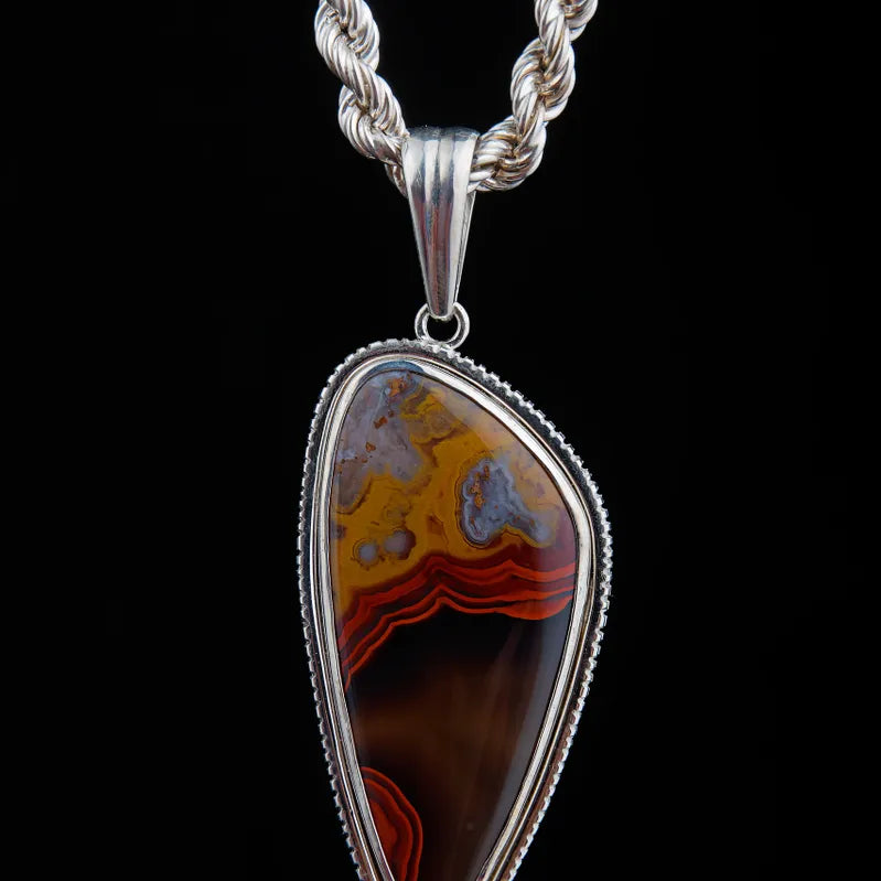 014 Black/Red/Orange/Yellowish/Blue Agate Pendant set in silver