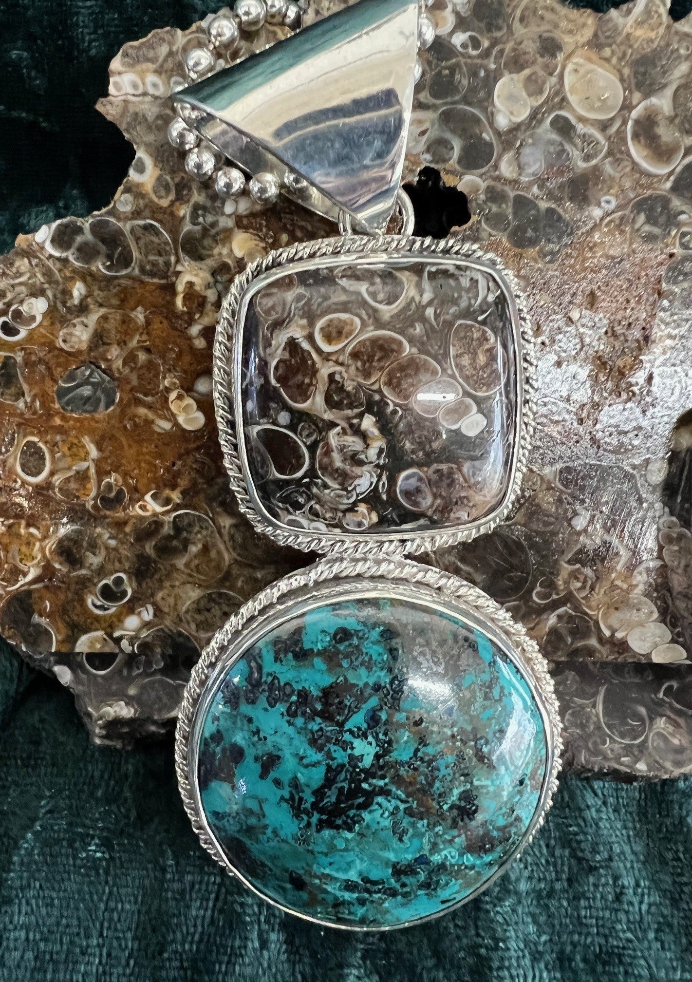 Azurite and Turritella Fossil Pendant