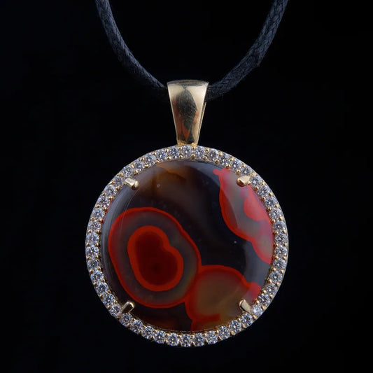 001 Red/Black Round KY Agate and 1.59 Carat Total Weight Diamond Pendant