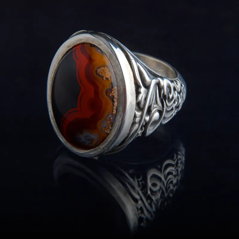 013 Black/Red/Orange/Gold Kentucky Agate Ring (Large setting)