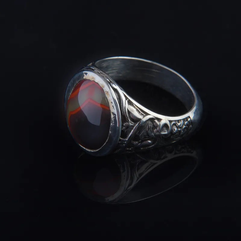016 Black/Red/Yellowish KY Agate Silver Ring (Small Setting)