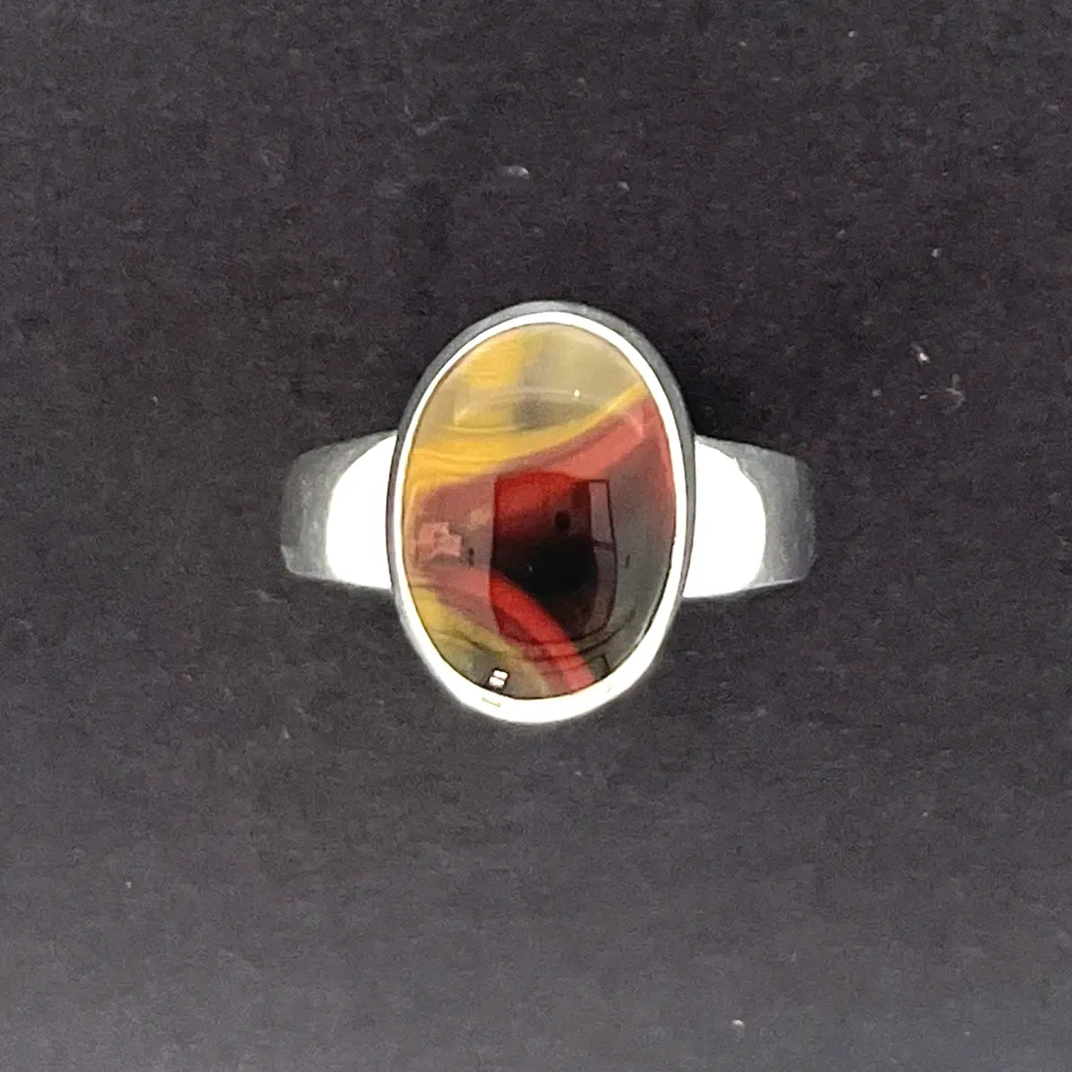 1992 KY Agate Black/Red/Orange/Yellow Oval Silver Ring
