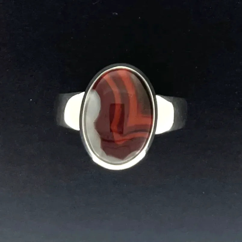 1996 KY Agate Reds/Orange/Black/White Oval Silver Ring