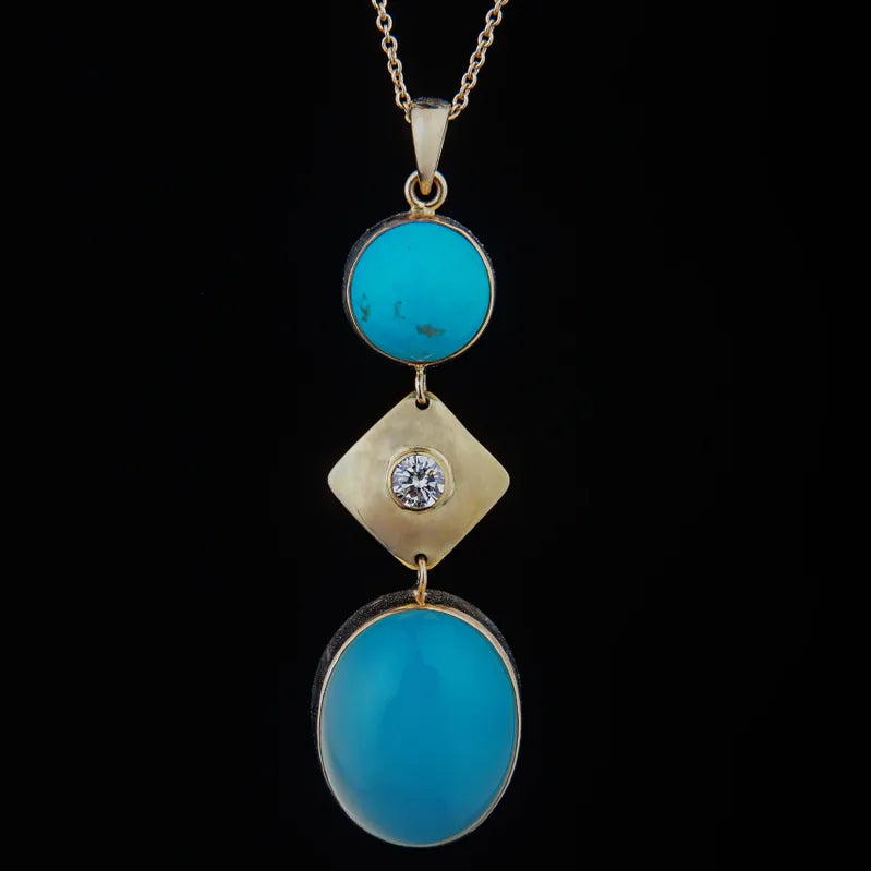 203 Turquoise, Diamond, and Aquamarine Triple Pendant set in 14K Gold